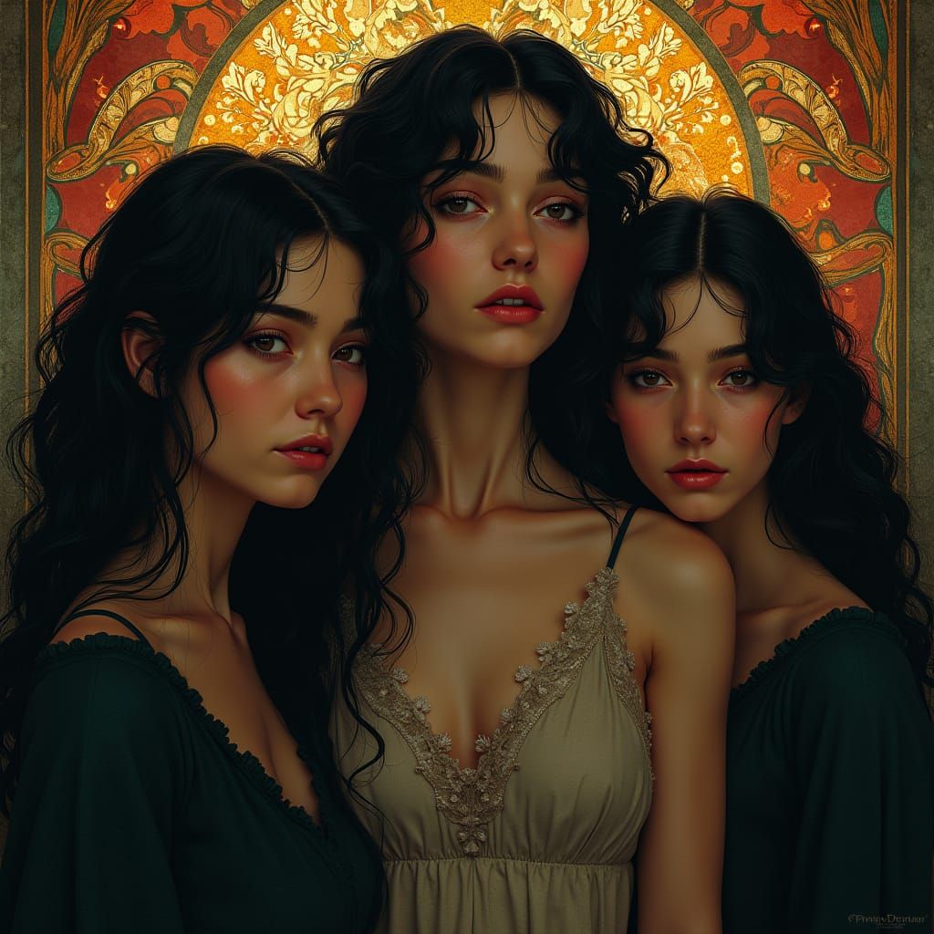 Enigmatic Young Women in Ethereal, Art Nouveau Setting