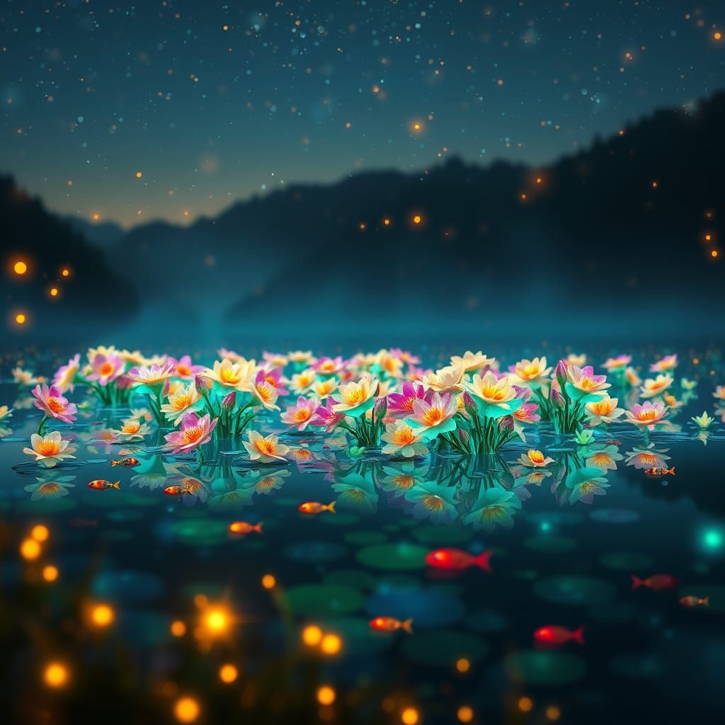 Iridescent Flowers Bloom on Reflective Lake