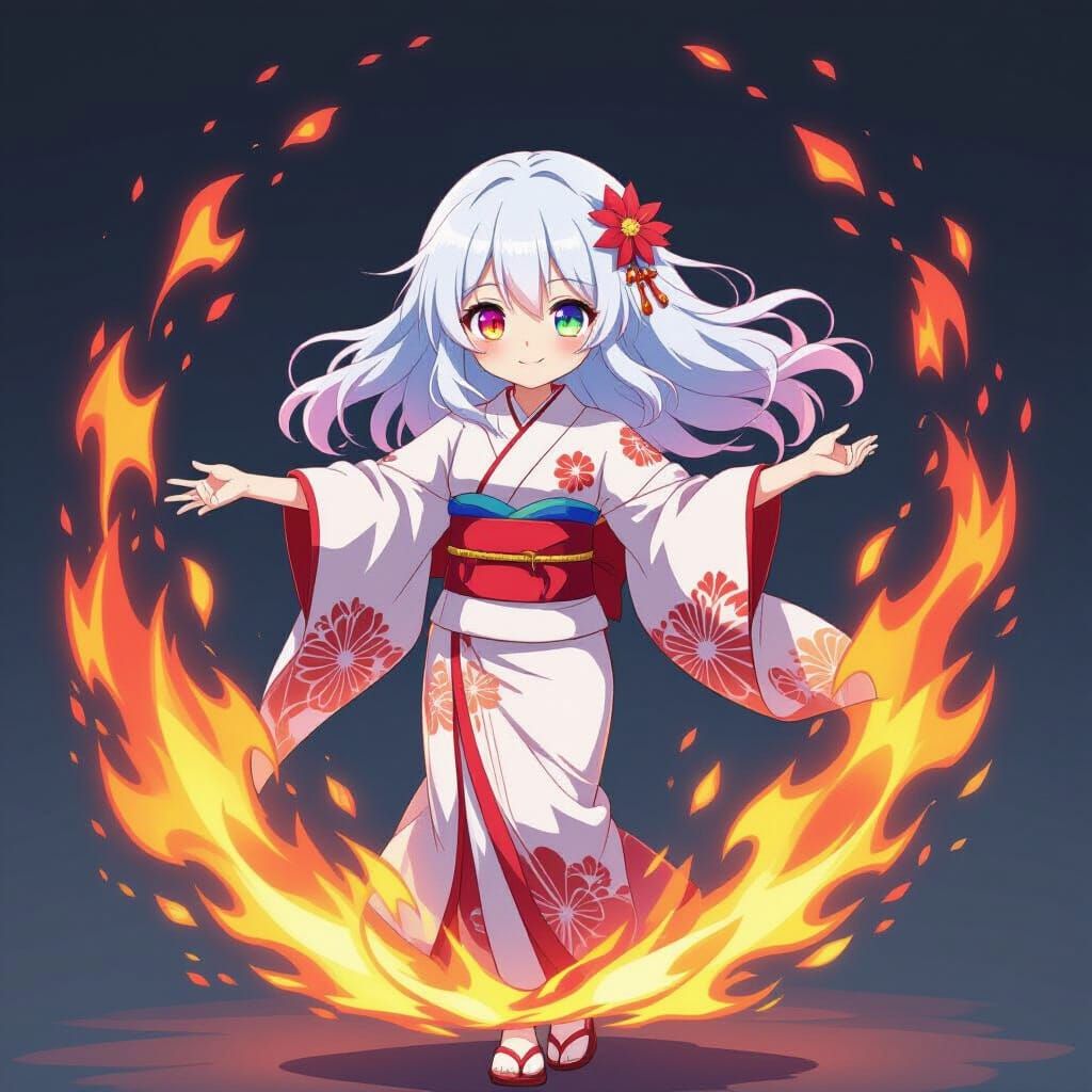 Anime Girl Dances with Fire in Kaleidoscopic Colors