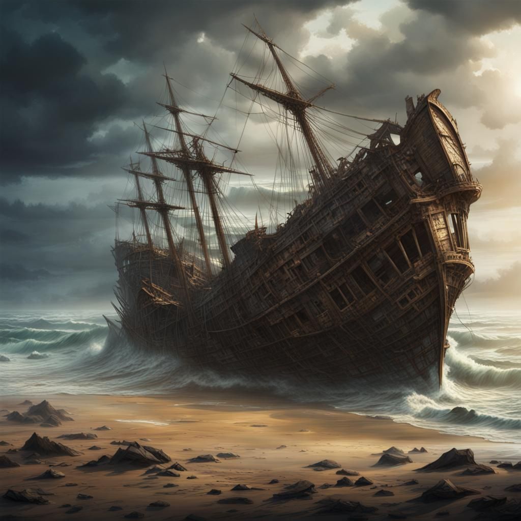 Dramatic Shipwreck Washed Ashore: Digital Matte Painting