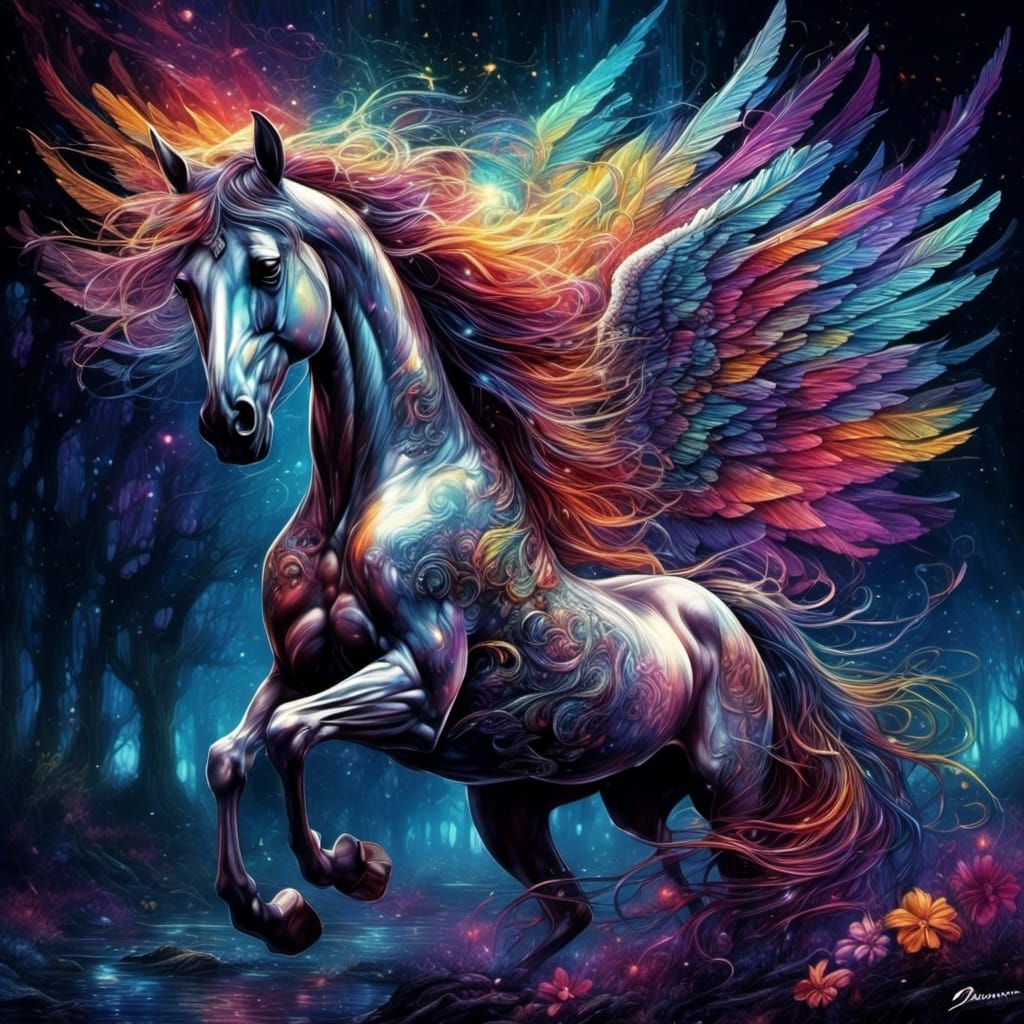 Enchanted Pegasus with Intricate Wings in Vivid Colors