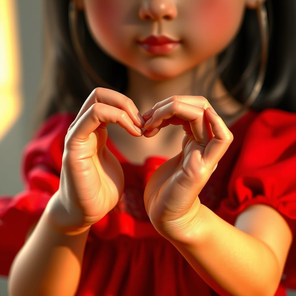 Adorable Girl Poses with Heart-Shaped Fingers in Vibrant Cri...