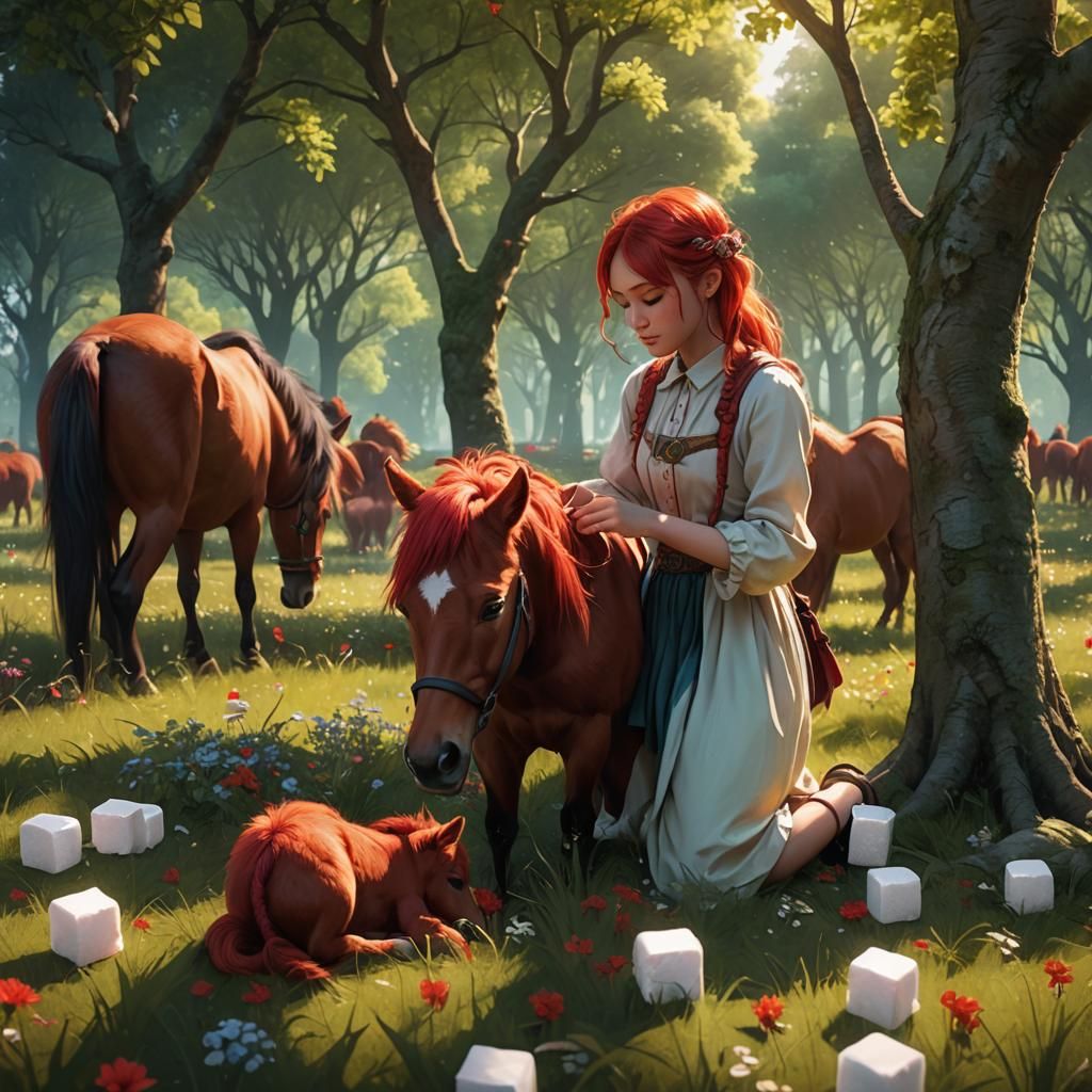 Girl Feeds Red Pony in Lush Meadow