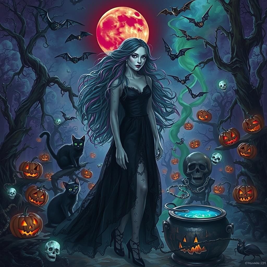 Eerie Forest Scene with Woman, Cats, and Bats