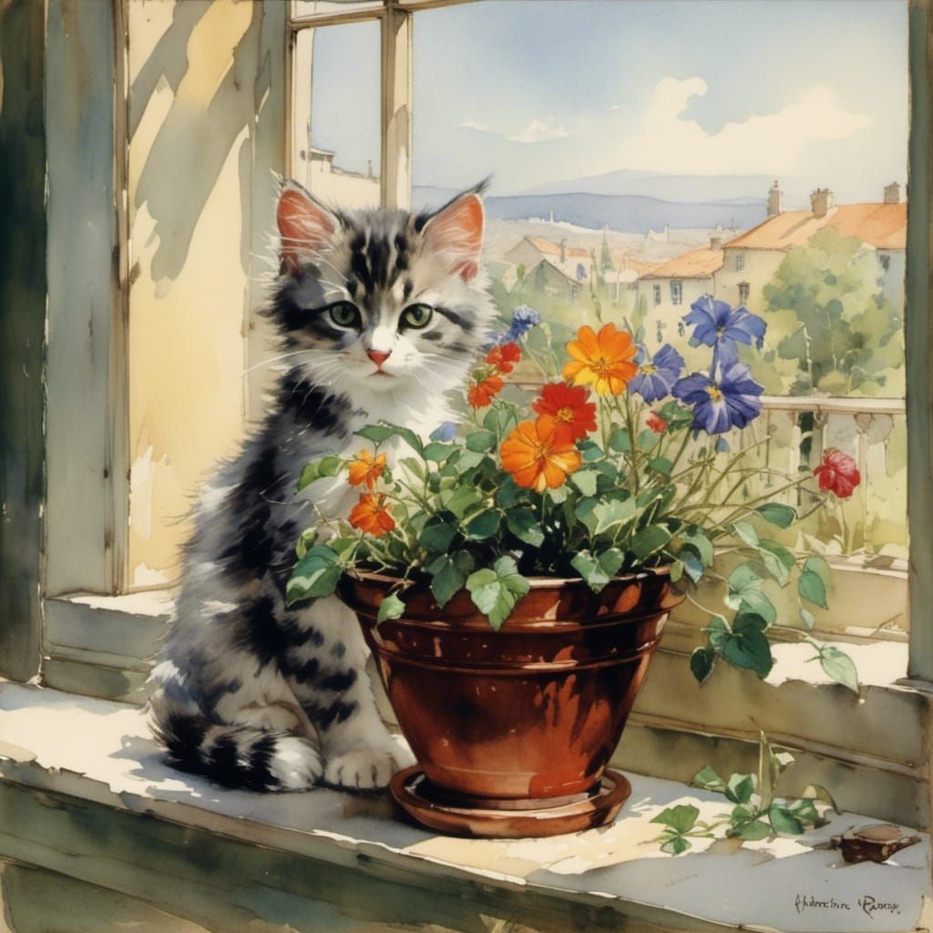 Kitten and Flower Illustration in Fairy Tale Style