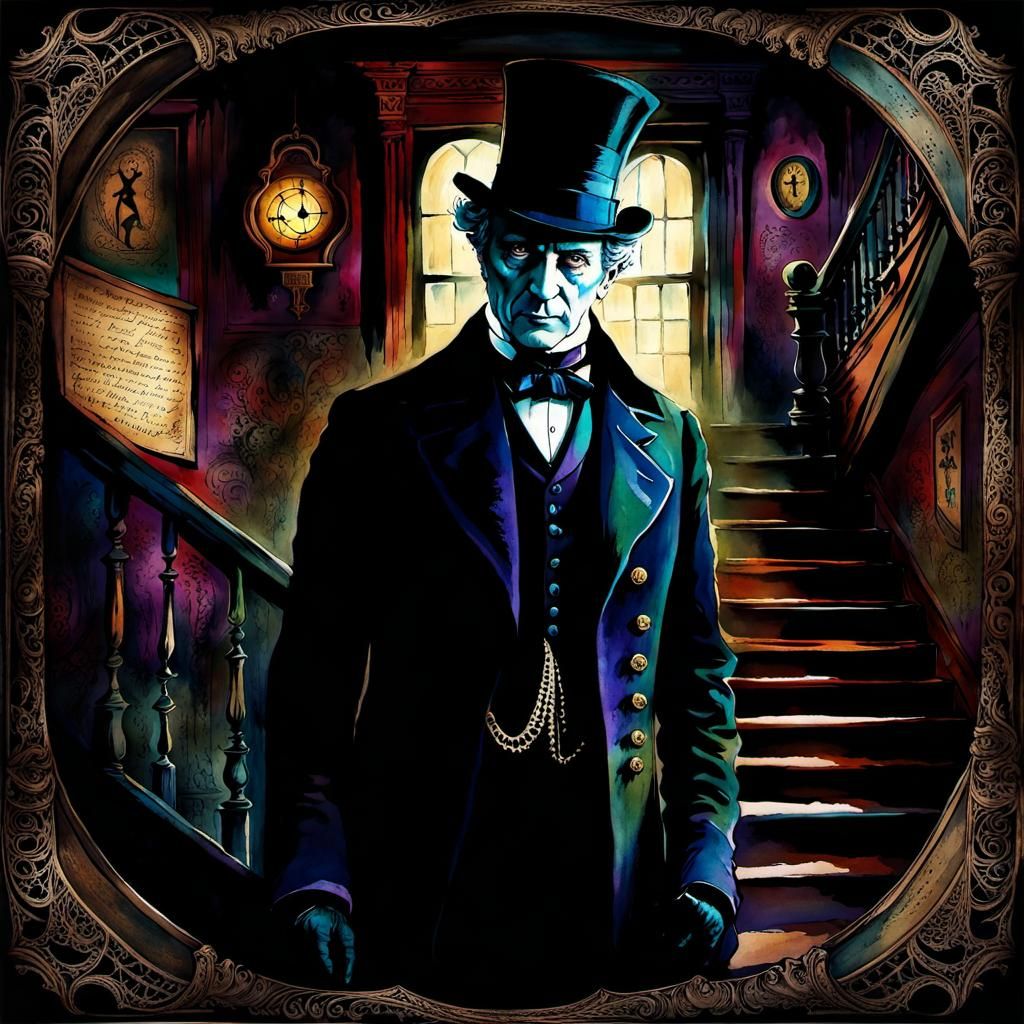 Sinister Victorian Man on Cobwebbed Staircase in Watercolor