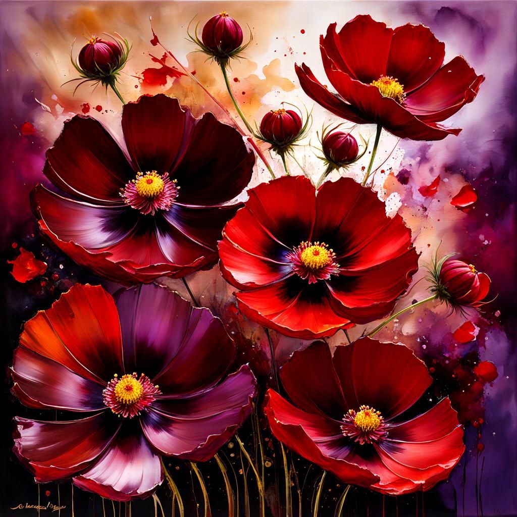 Chocolate Cosmos in Ikebana Style as Alcohol Ink Painting