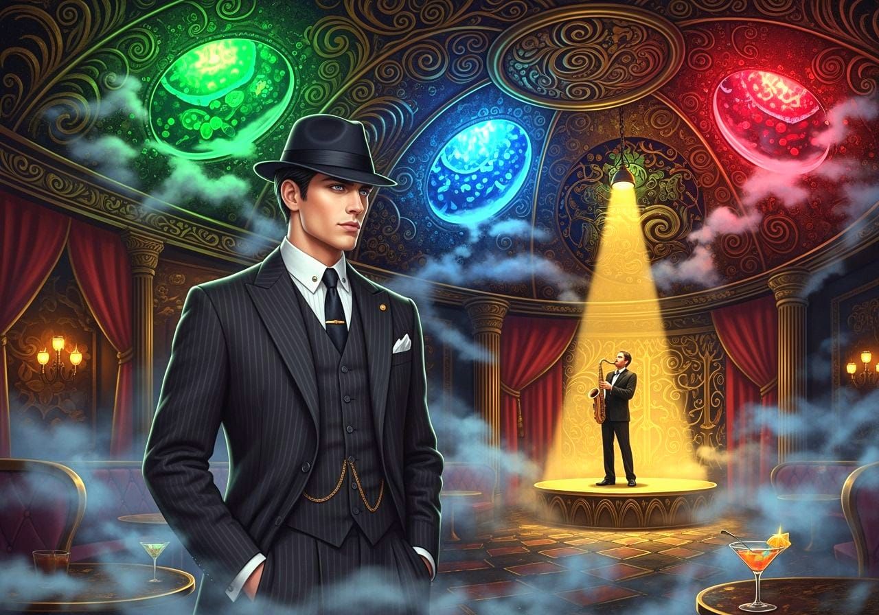 Saxophonist in Vaporous Speakeasy: Hyperrealistic Art