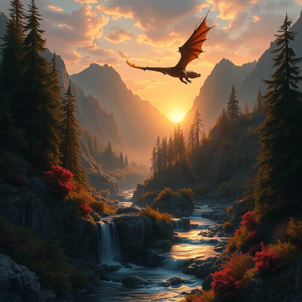 Peaceful Rugged Mountain Landscape with Dragon at Sunset