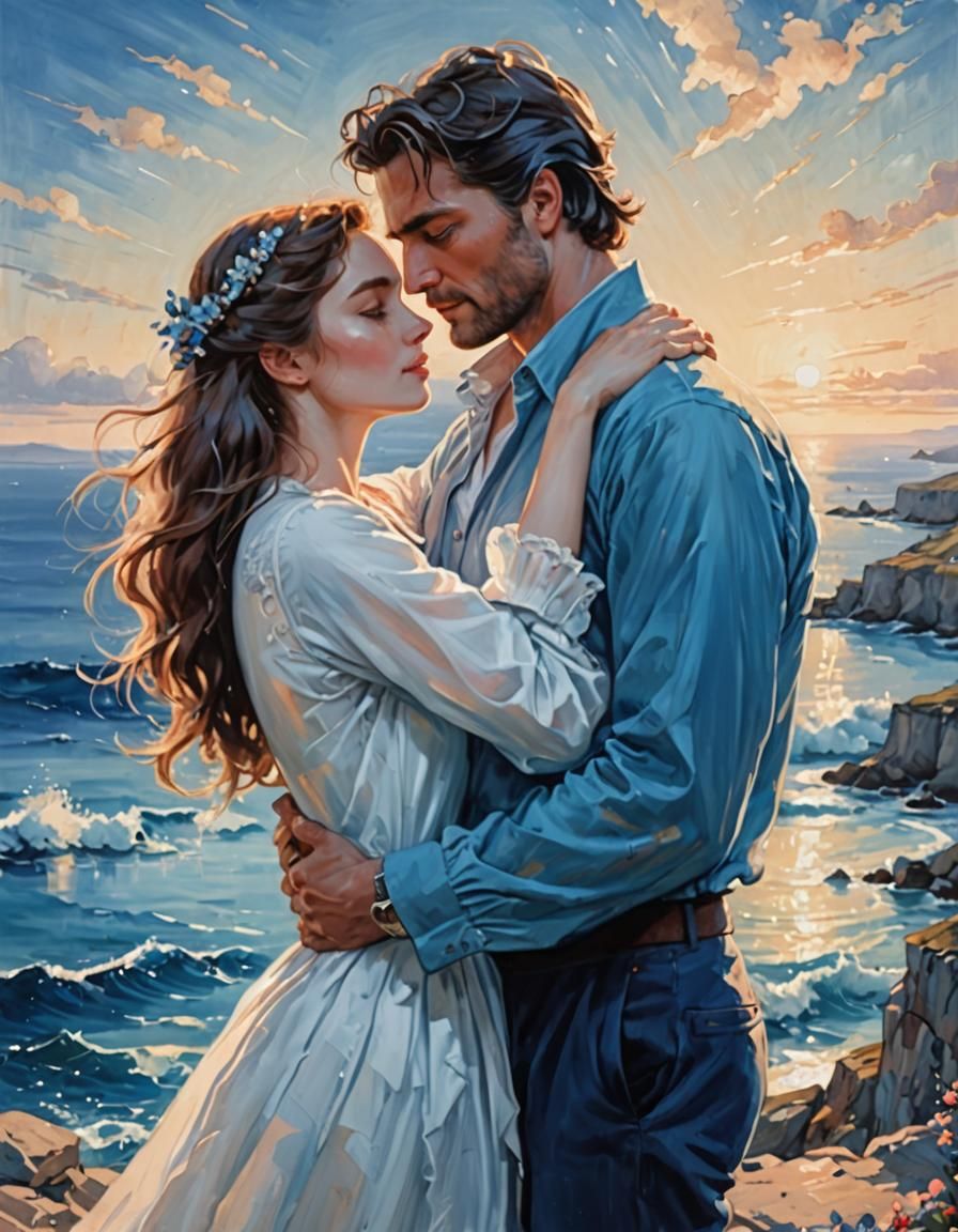 Romantic Seascape: Tender Embrace in Blue and White
