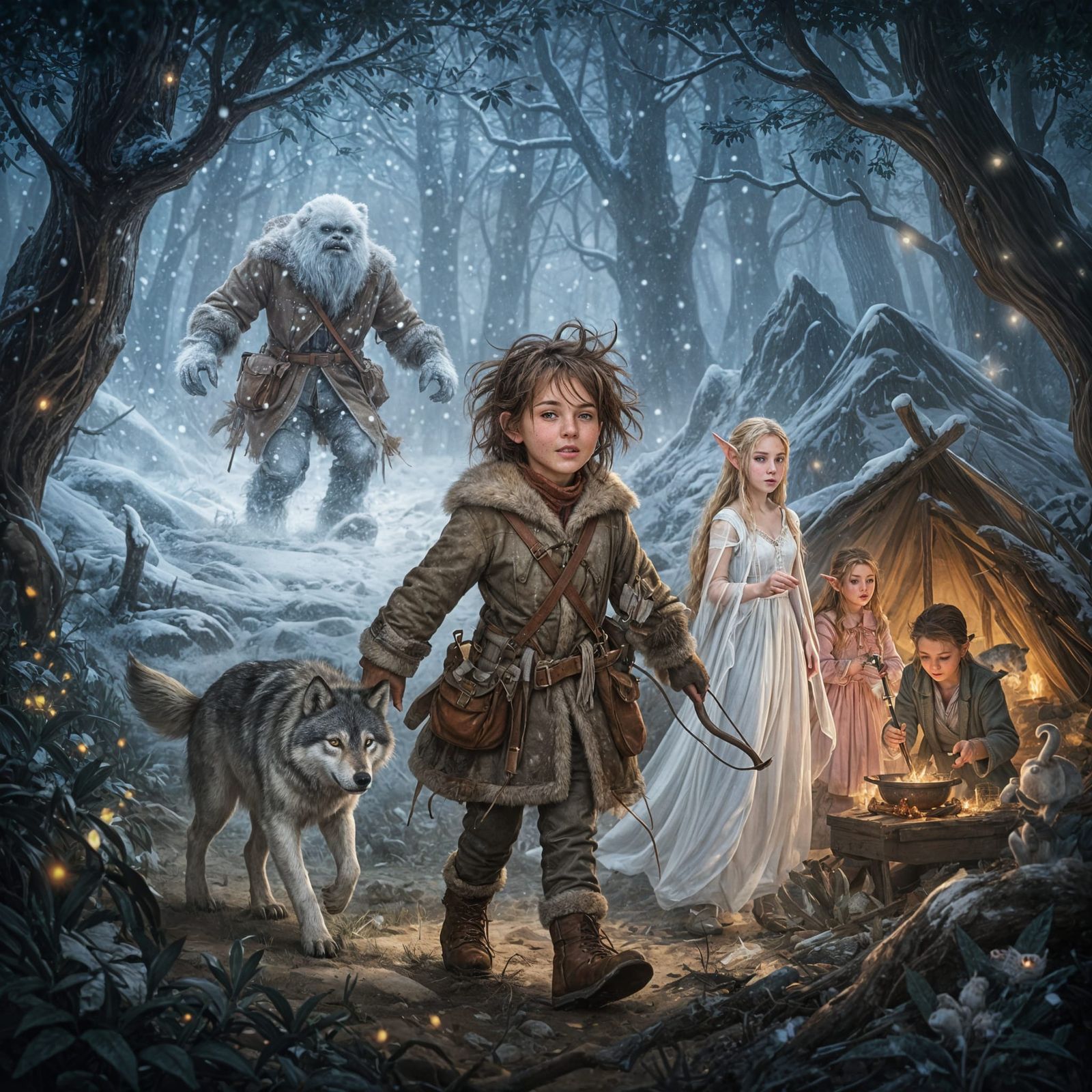 Elf Princess and Yeti in Snowy Mountain Landscape