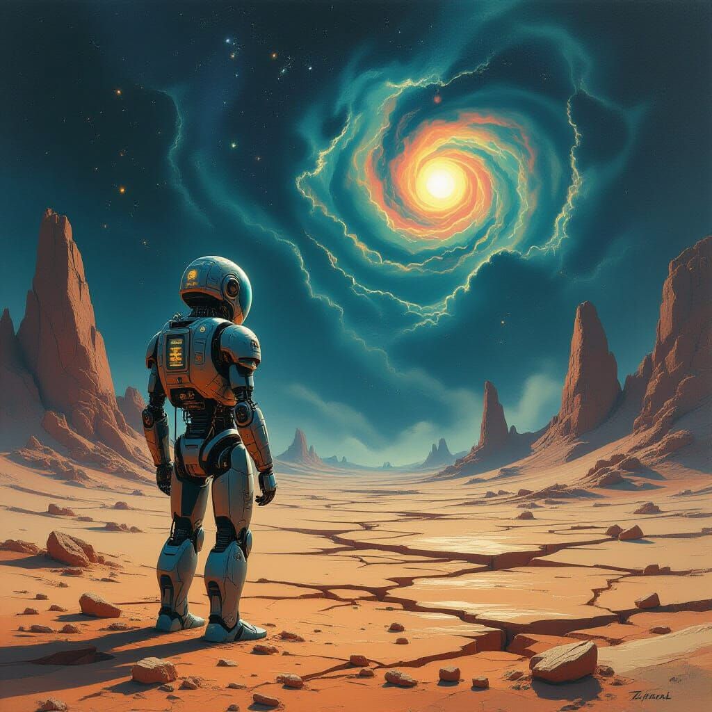Weathered Robot on Alien Planet Under Nebula Sky