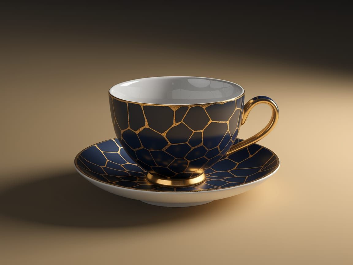 Kintsugi Teacup with Gold Lacquer and Gray Gradient