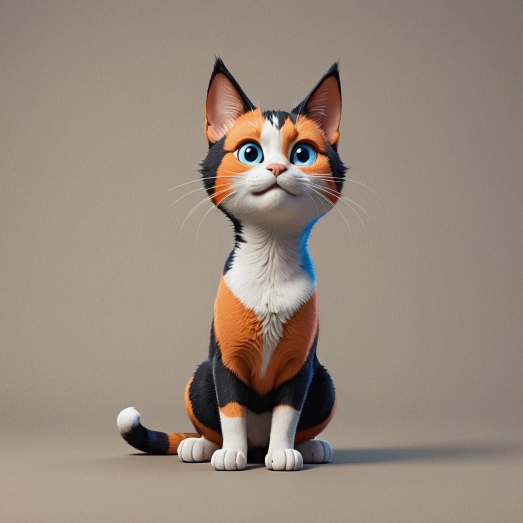 Pixar-Style Tricolor Cat with Blue Eyes