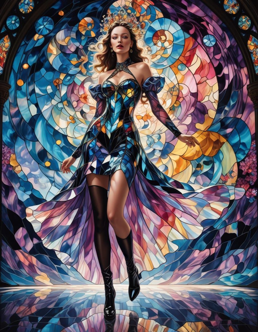 Stained Glass Fashion Art Goddess in Elaborate Holographic D...