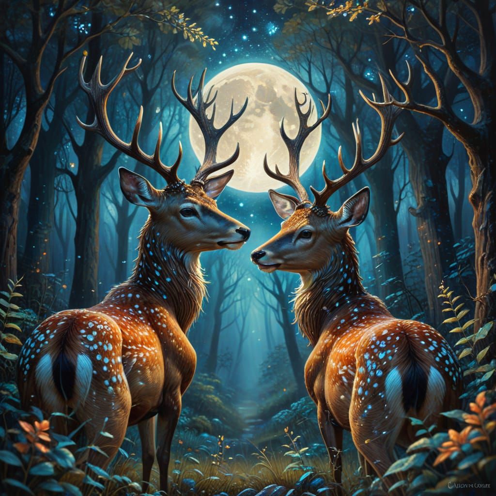 Stardust Deer Guardians of Earth in Neo-Impressionism