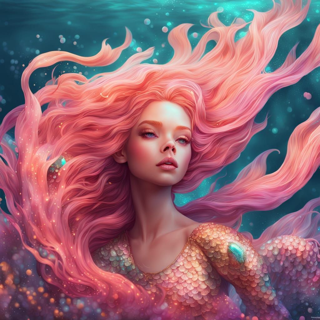 A Pink Mermaid in a Coral Reef, Digital Art