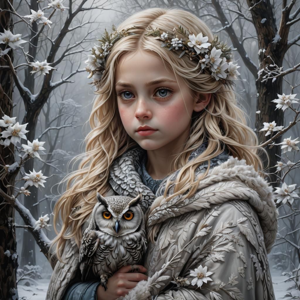 Child with Owl Portrait: Winter Goddess in Art Nouveau Style