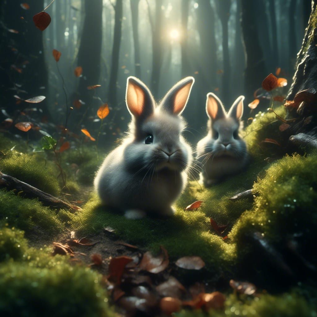 Baby Bunnies Playing in Enchanted Forest