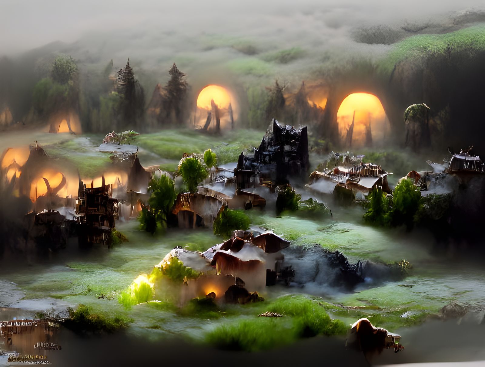The young halfling girl admires her forest village from a distance. Beholders lurk in the shadows.