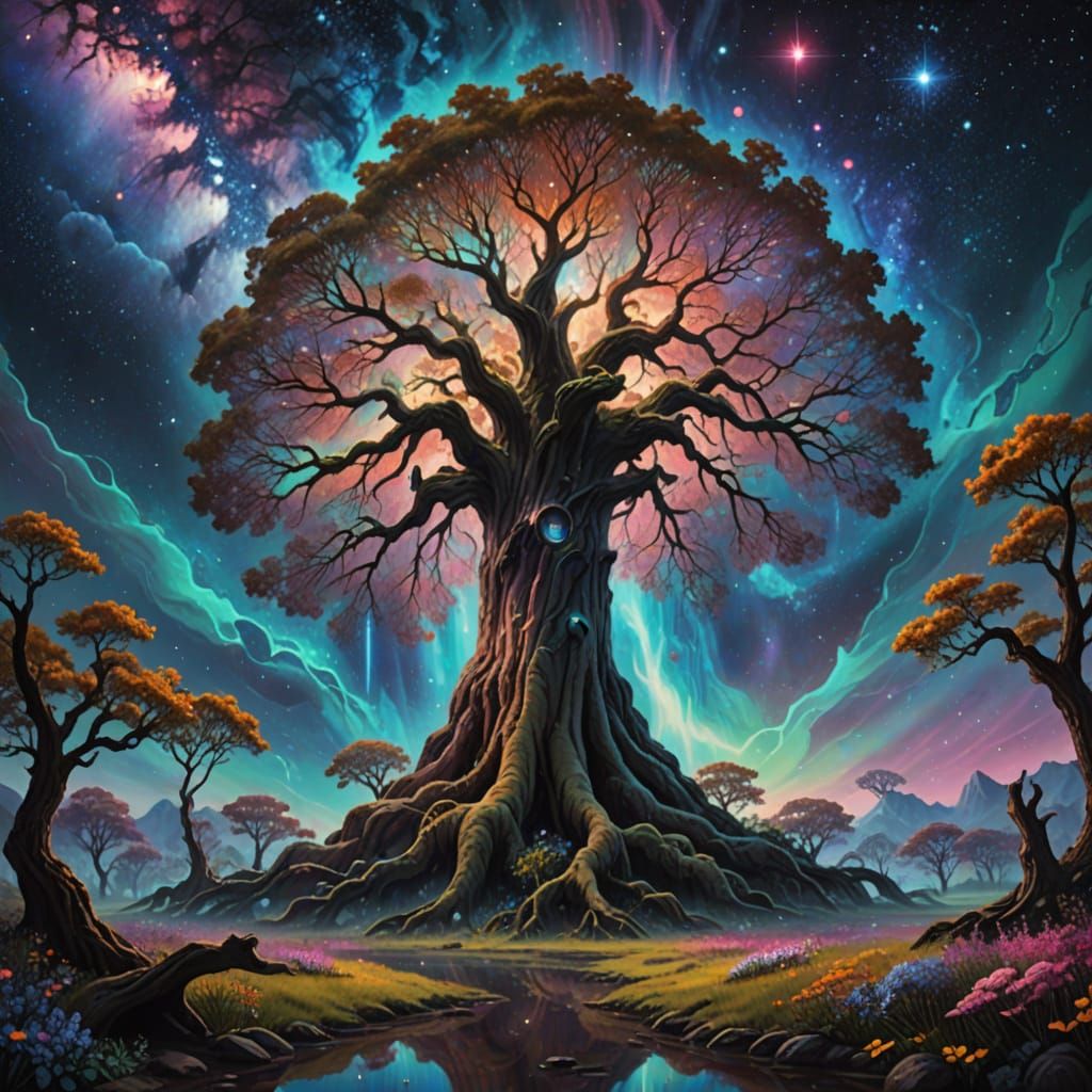 Ancient Cosmic Tree in Nebula: Matte Oil Painting