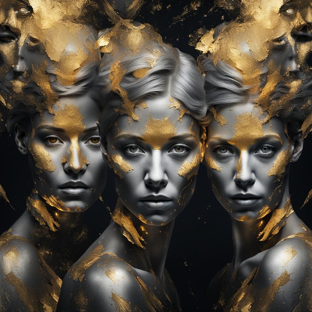 Three-Faced Woman in Negative Space with Gold Leaf