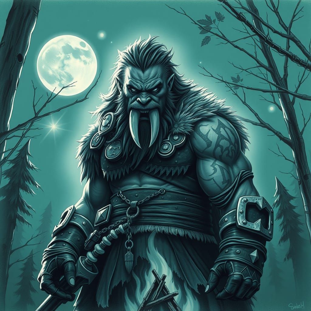 Monochrome Ork Barbarian Warrior in Teal and Green