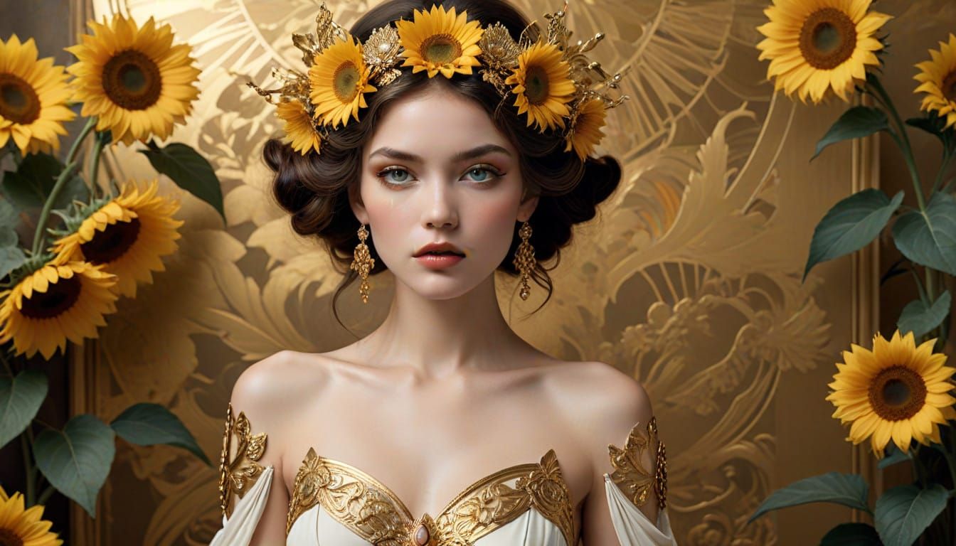 Radiant High-Fashion Model in Golden Celestial Attire