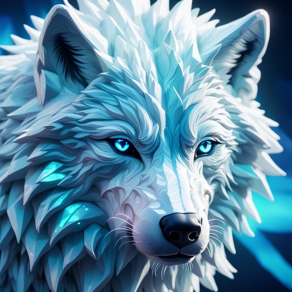 Ethereal Crystal Wolf in Swirling Light Blue Hues