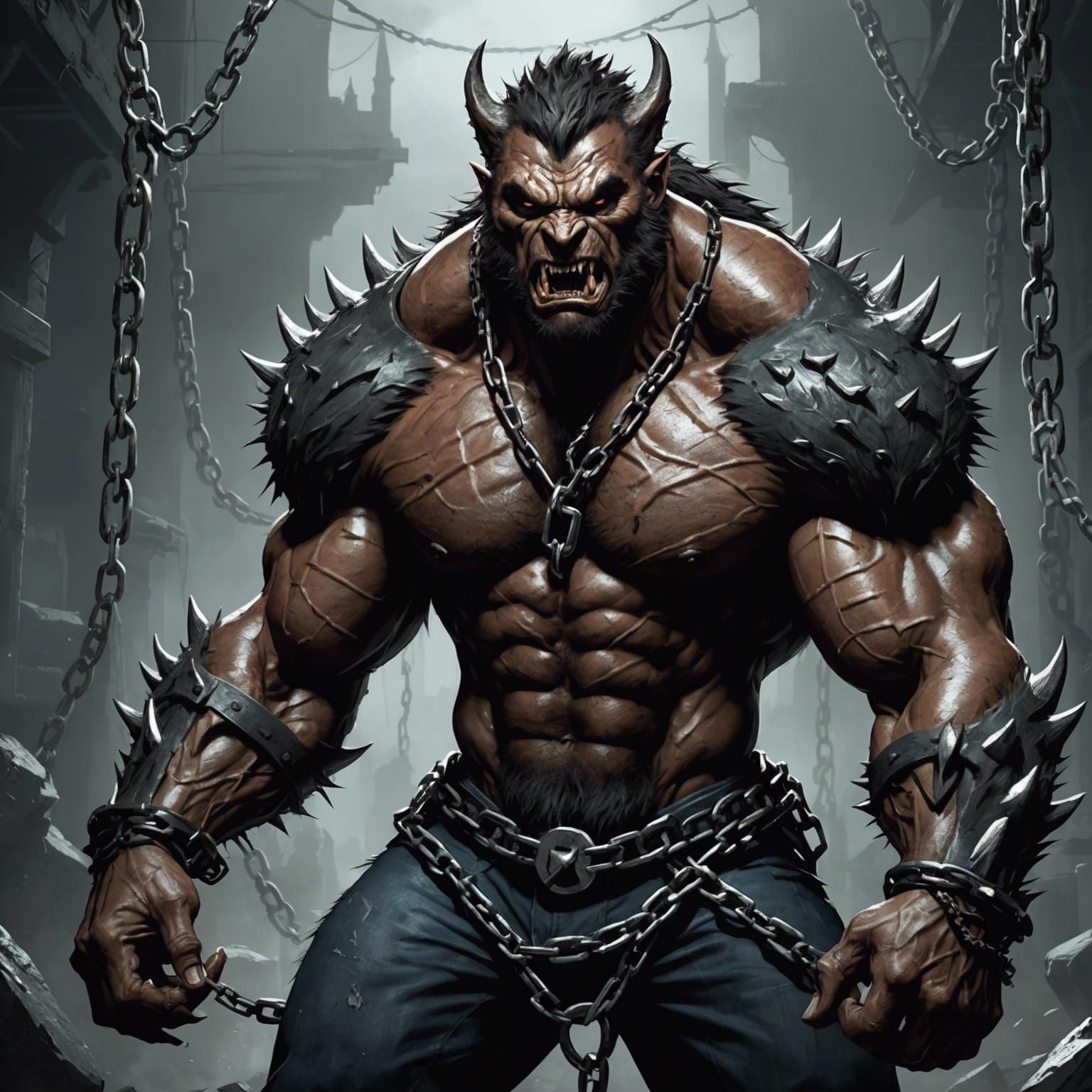 Werewolf monster massive muscular muscle Man with spikes and...