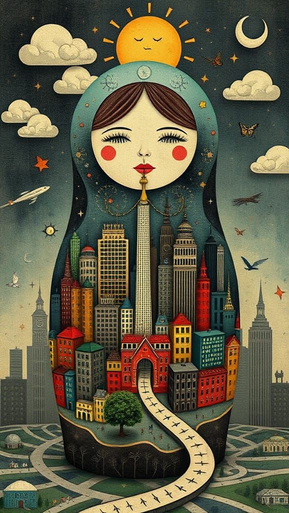 Surreal Urban Dreamscape in Matryoshka Nesting Doll Style