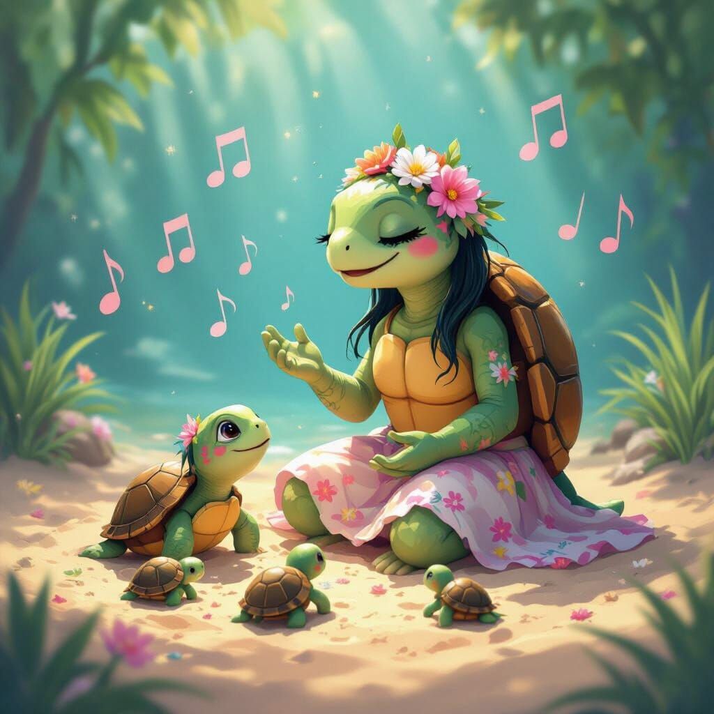 Turtle Mom Sings to Babies: Airbrush Acrylic Art