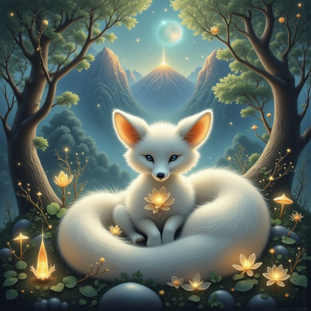 Luminous White Fox in Enchanted Forest