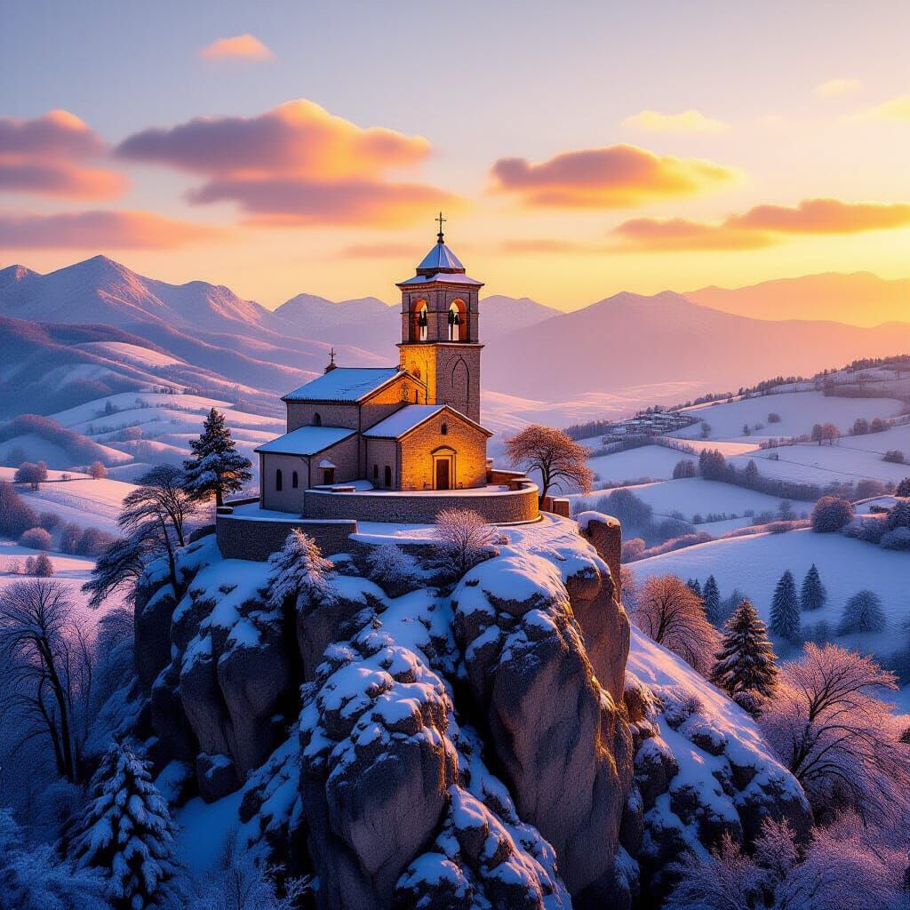 Golden Sunset Over Snowy Apennine Bell Tower