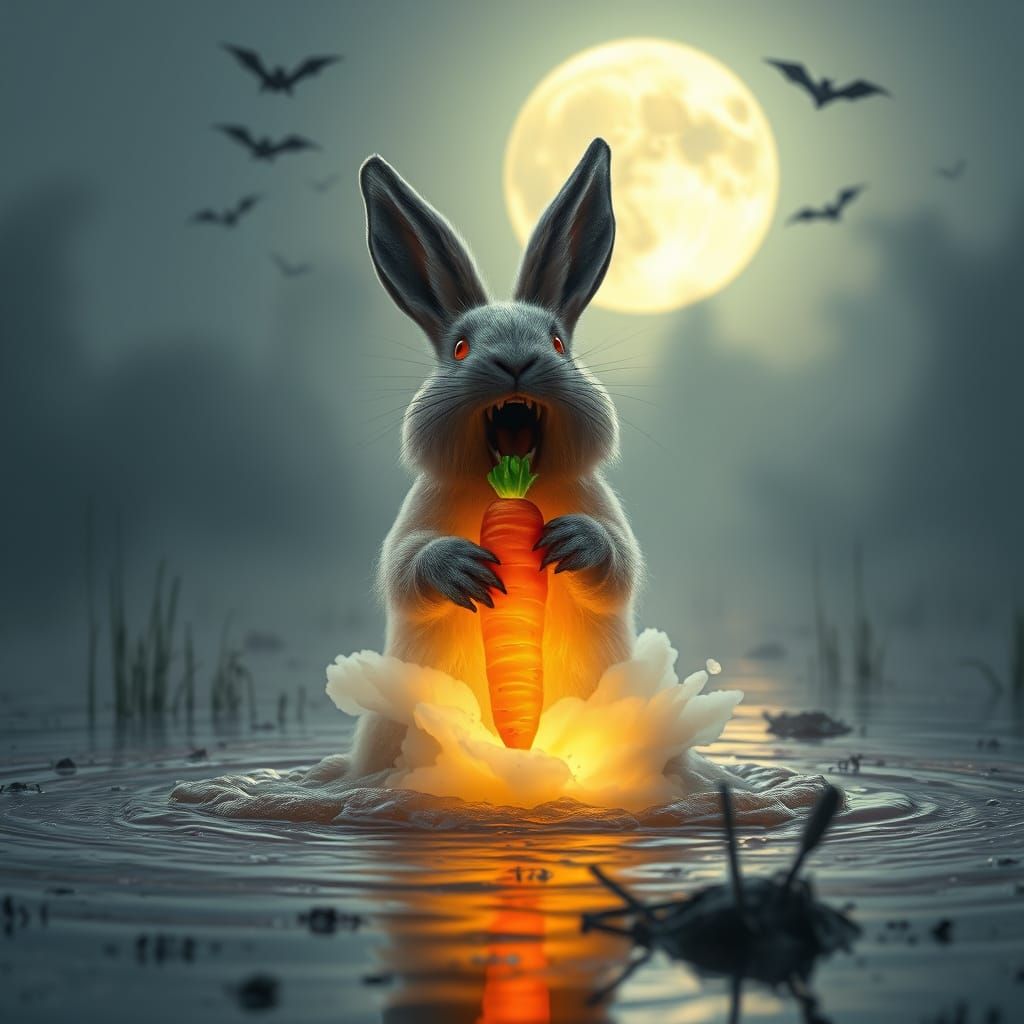 Giant Were-Rabbit Emerges From Water Under Full Moon