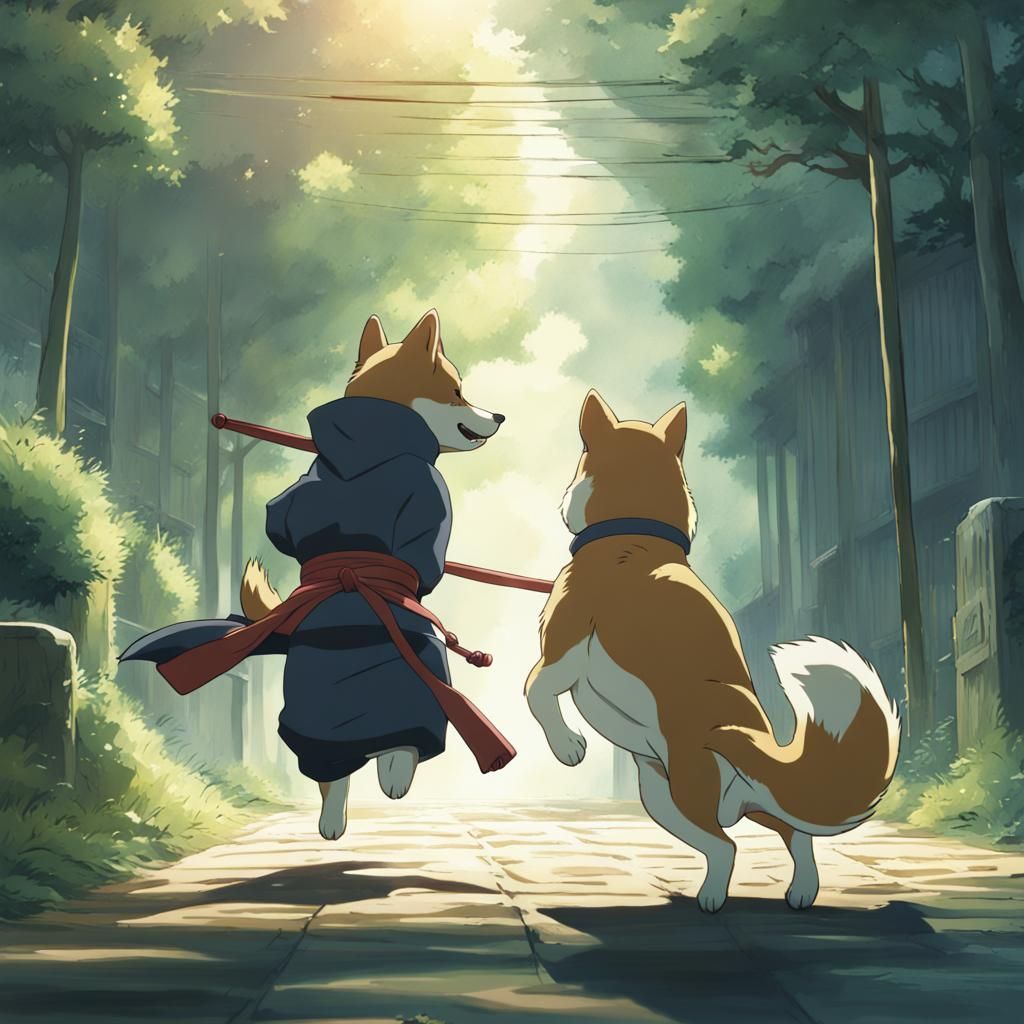 Ninja Shiba Inu Climbs Mountain: Ghibli-Style Anime