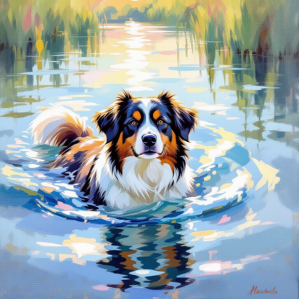 Dog Swimming in Lake: Impressionist Rococo Style