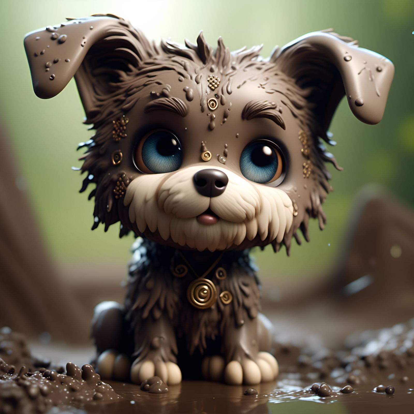 Adorable Mud-Covered Anthropomorphic Dog in Chibi Style