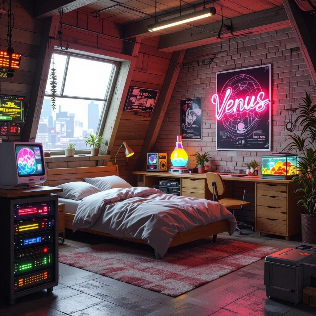 90s Cyberpunk Bedroom with Neon Sign and Server Rack