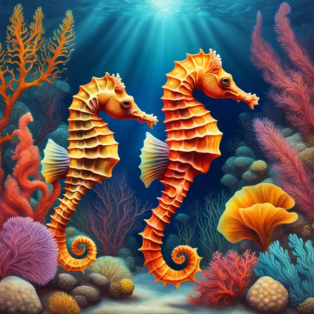 Vibrant Seahorses and Coral Reef in Deep Sea