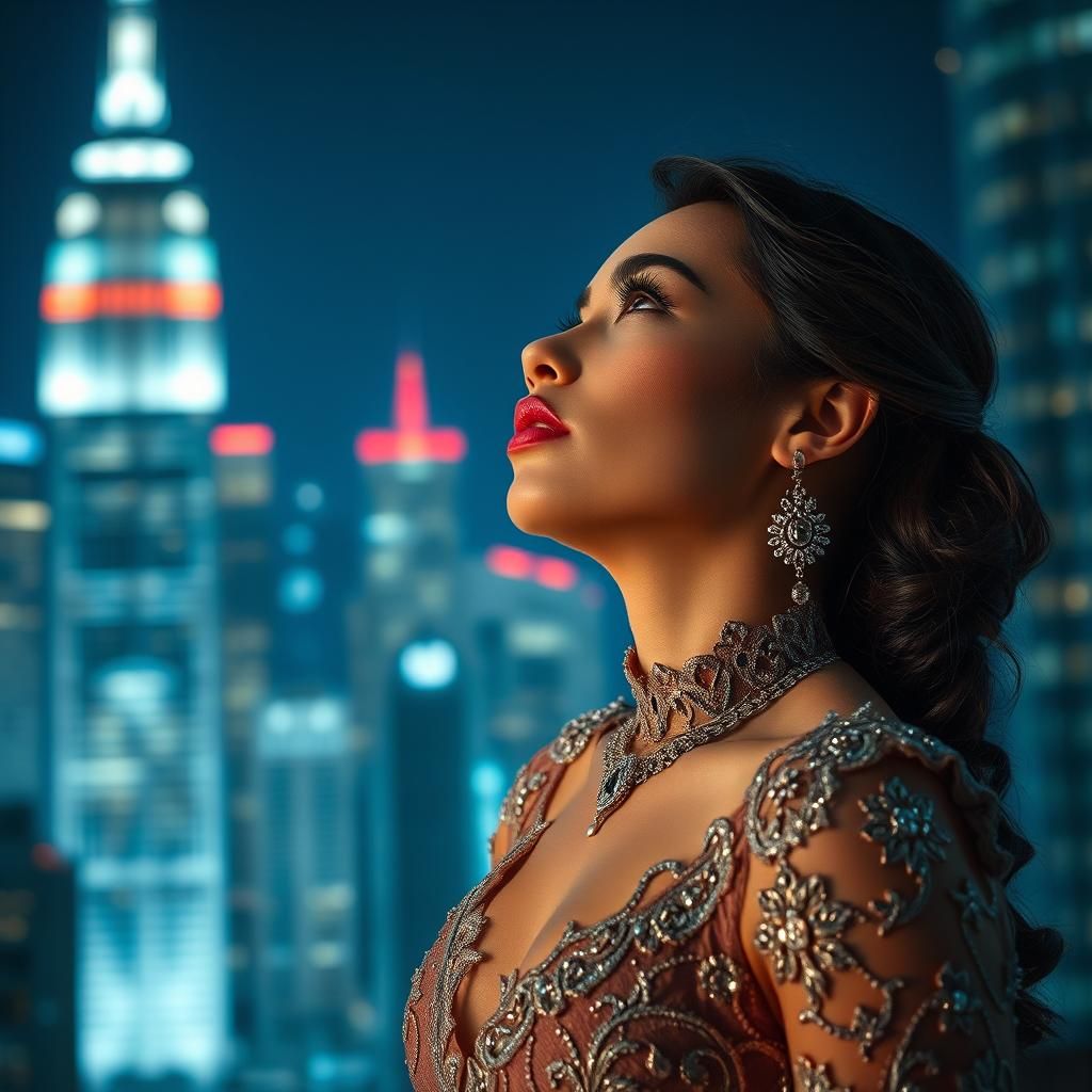 Woman Gazing at City in Opulent Gown
