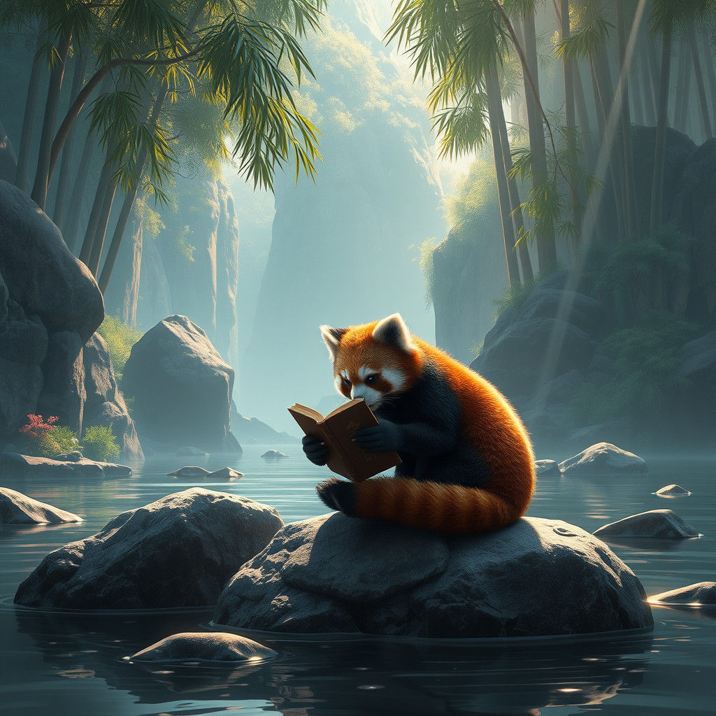 Red Panda Reading Book in Fantasy Landscape
