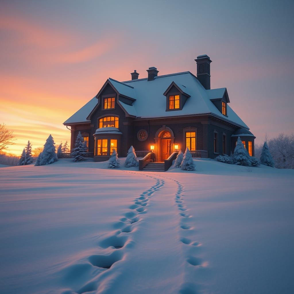 Winter Mansion in Golden Twilight