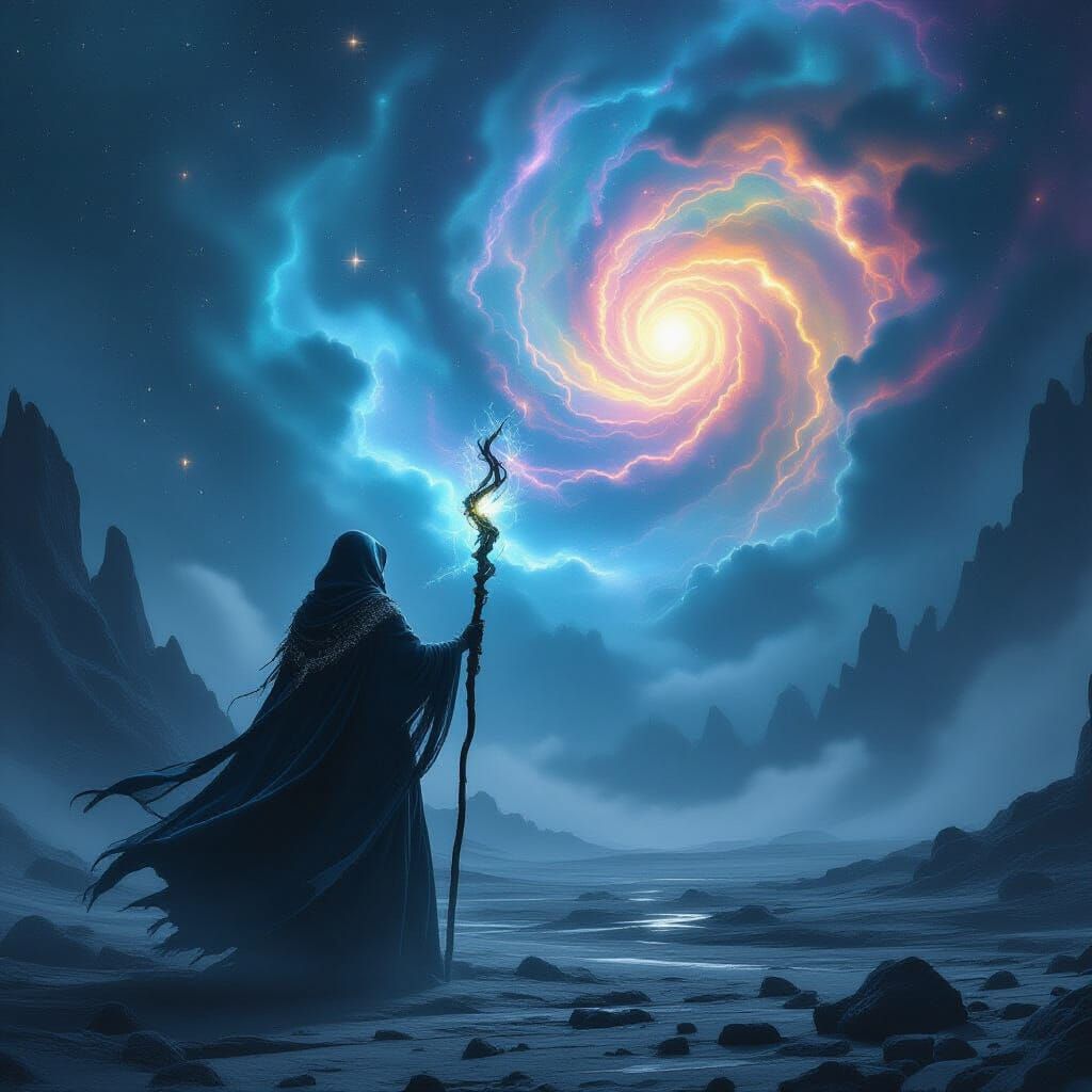 Cosmic Witch on Alien Planet Gazing at Nebula