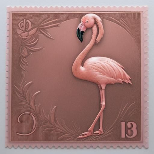 Copper engraving postage stamp with pink flamingo.