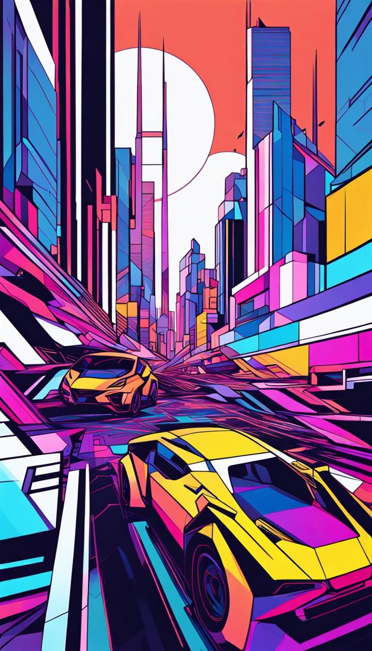 Cyberpunk Speedway in Cubist Art Deco Style