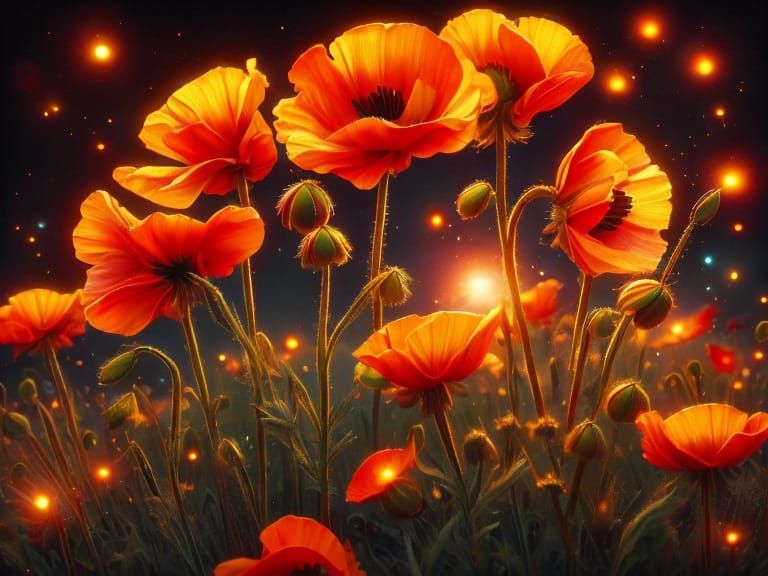 Poppy Field Macro Photography with Impasto Flowers