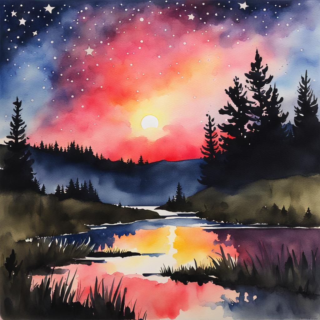 Watercolor Dawn with Stars and Color Drips