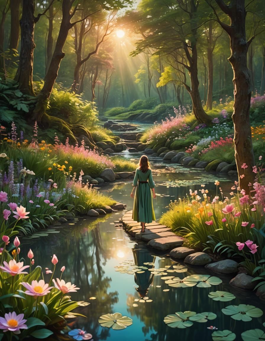Tranquil Sunset Path: A Digital Matte Painting