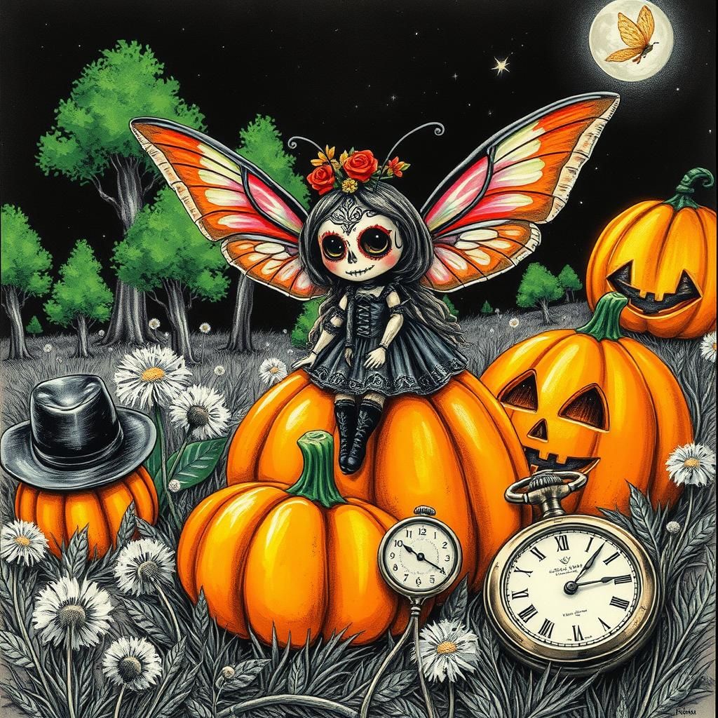 Eerie Sugar Skull Moth on Pumpkin in Surreal Scene